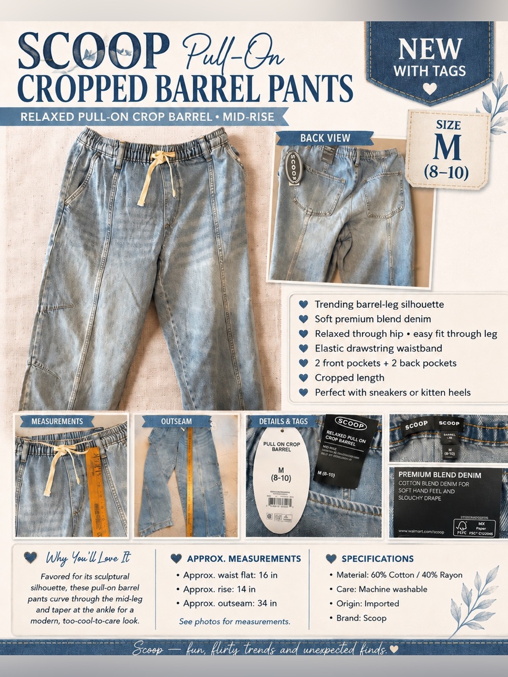 Scoop Mid-Rise Pull-On Cropped Barrel Jeans - Light Blue - M 8/10